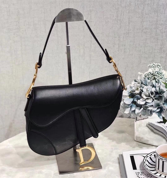Dior Vintage Black Leather Saddle Bag With Gold Ornaments