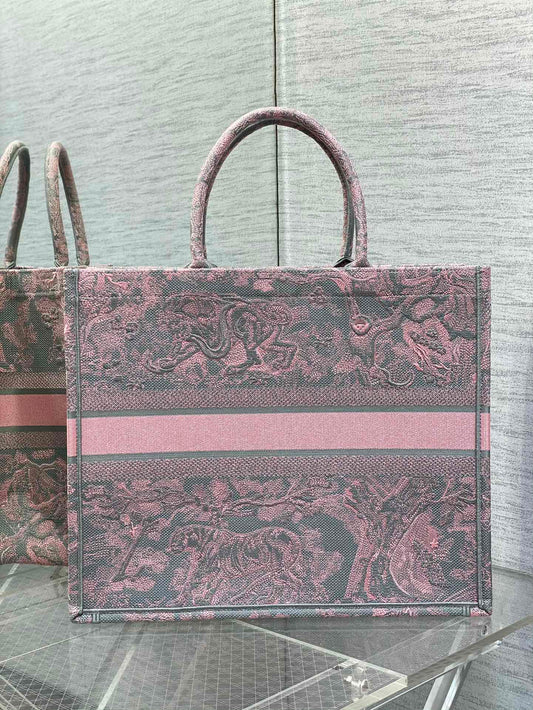 Dior Book Tote Large Gray and Pink Toile de Jouy Reverse Beverly Hills Embroidery - 42 x 35 x 18.5 cm